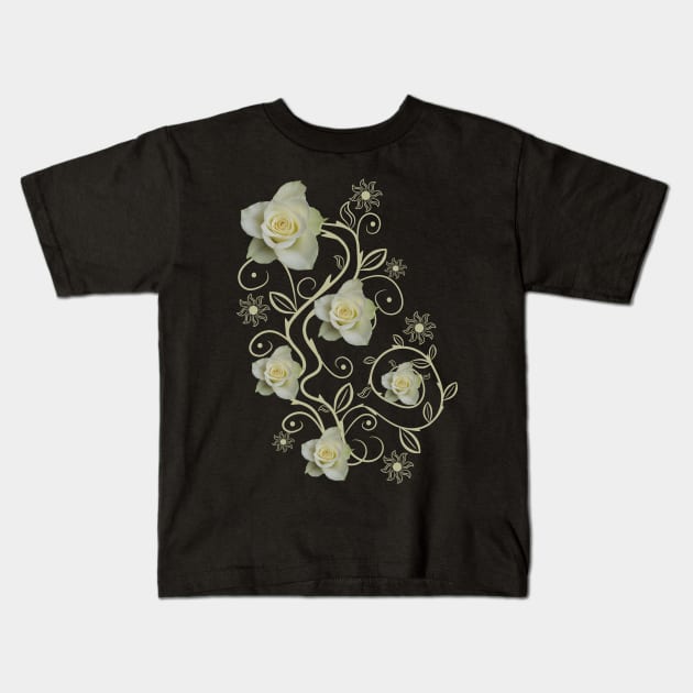 white roses, ornament, rose, flowers, petal bloom Kids T-Shirt by rh_naturestyles